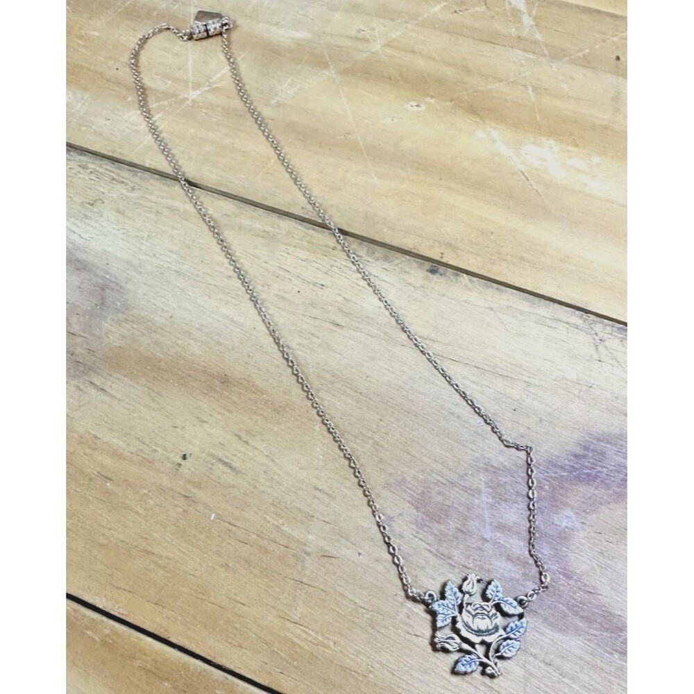 Vintage Singed Gold Silver Tone Rose Pendant Necklace By 1928 - 16.5”